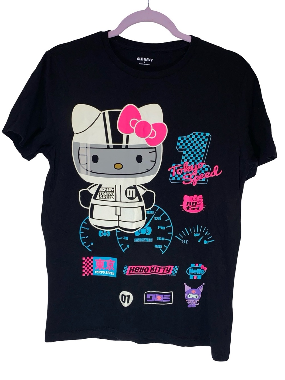 Old Navy Black Hello Kitty Tokyo Speed‎ Graphic Tee with Pink & Blue Accents
